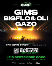 Affiche du ZEVENT 2026 avec GIMS, Bigflo & Oli, Gazo et l'Orchestre Curieux en featuring avec Marianne & PV Nova