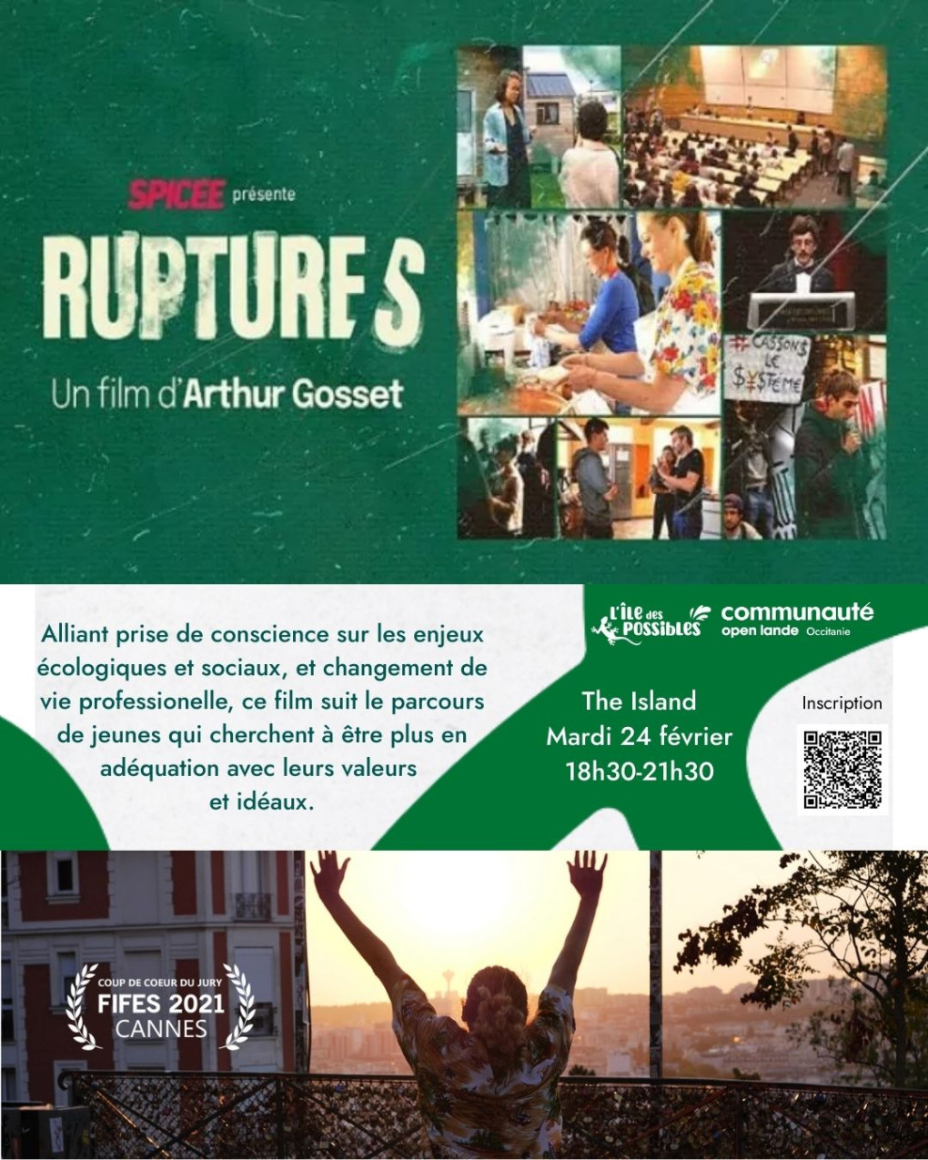 Ruptures, un film d'Arthur Gosset. Alliant prise de conscience sur les enjeux écologiques et sociaux, et changement de vie professionnelle, ce film suit le parcours de jeunes qui cherchent à être plus en adéquation avec leurs valeurs et idéaux. 