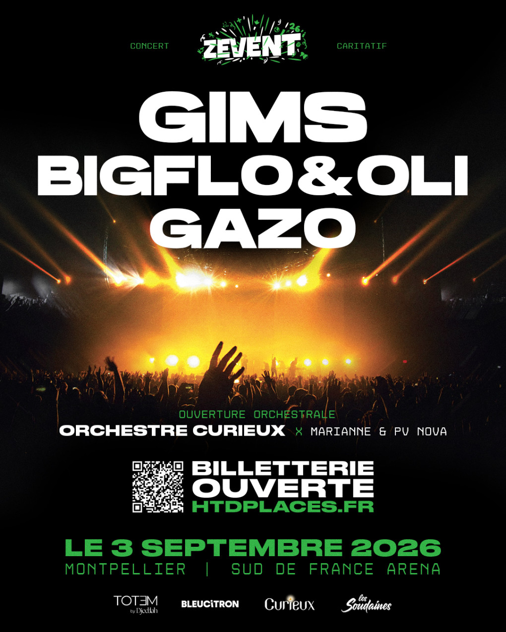 Affiche du ZEVENT 2026 avec GIMS, Bigflo & Oli, Gazo et l'Orchestre Curieux en featuring avec Marianne & PV Nova